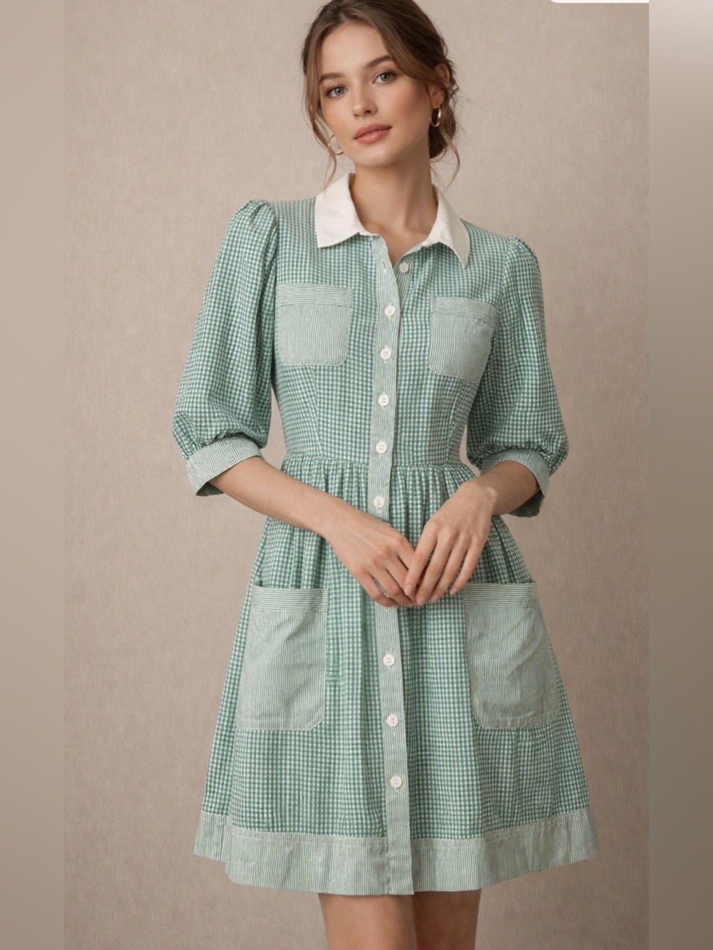 French Connection Green Gingham Button-Front Shirt Dress with Contrast Collar